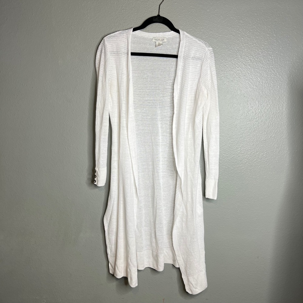 Rachel Zoe Linen Blend Cardigan Size M‎ White Longline Duster Open Front Beach